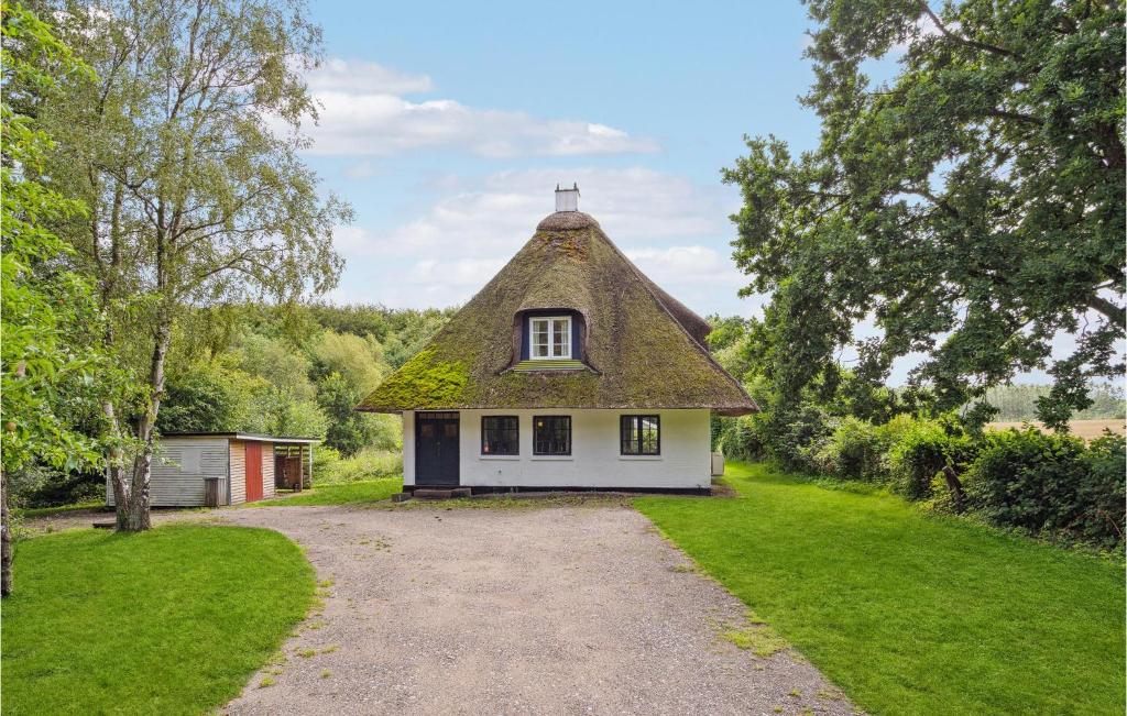 a small white house with a thatched roof at 2 Bedroom Beautiful Home In Ringe in Ringe