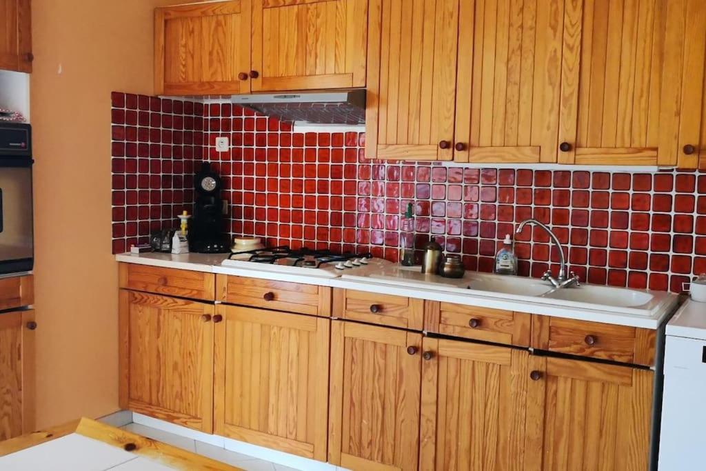 una cocina con armarios de madera y baldosas rojas en la pared en Mare è Monte , jardin méditerranéen et exotique., en Ghisonaccia