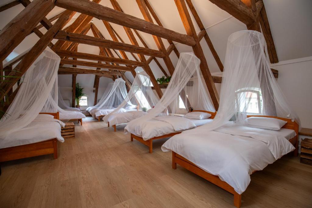 Cette chambre comprend une rangée de lits avec des moustiquaires. dans l'établissement Women's Only Hostel - Female Only, à Prague