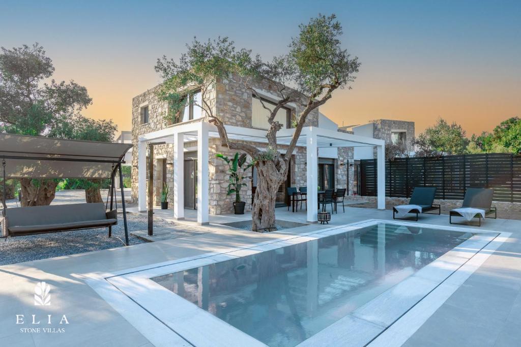 una piscina di fronte a una casa di ELIA STONE VILLAS a Skala Prinos