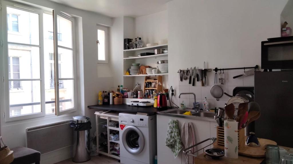 パリにあるCharmant studio proche Panthéon - Voisin de Emily in parisのキッチン(シンク、洗濯機付)