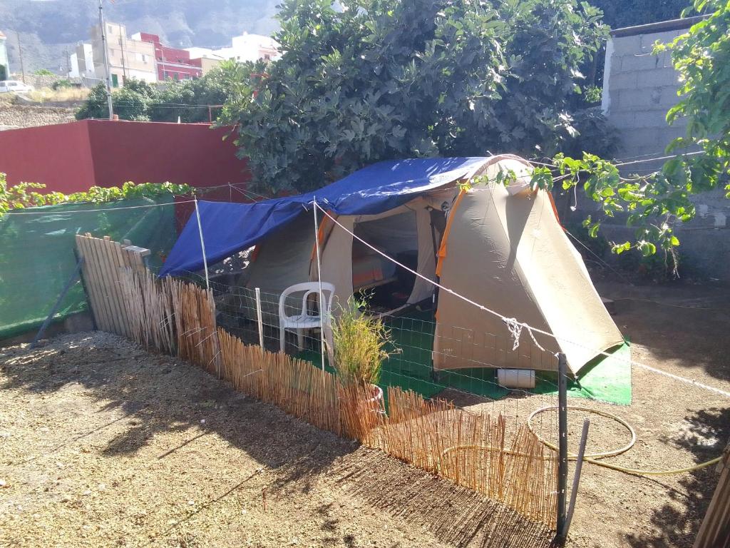 a chicken coop with a blue cover in a garden at por ahora no aceptan in Güimar
