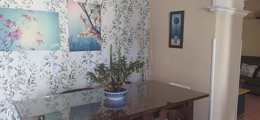 um quarto com uma mesa com uma planta em vasos em VILLA ELSA em Foz