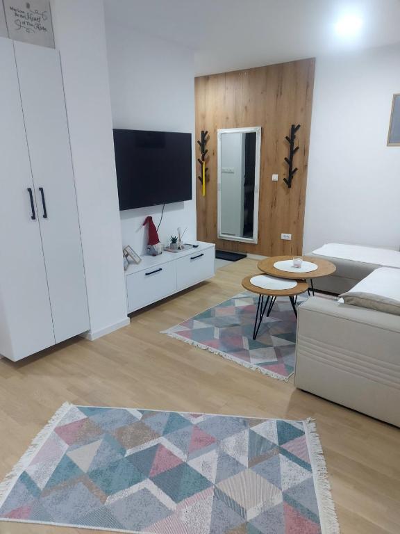 a living room with a couch and a table at Pineta Apartman Bjelasnica in Bjelašnica