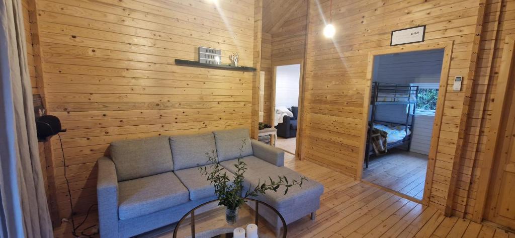 a living room with a couch and a bedroom at Tinymansion in Brabrand