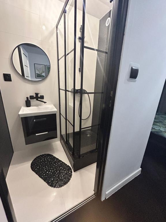 a bathroom with a shower and a sink and a mirror at Zajazd Kasieńka in Orzysz