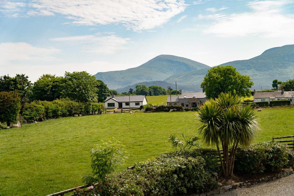 a house in a field with mountains in the background at The Briers Country House in Newcastle