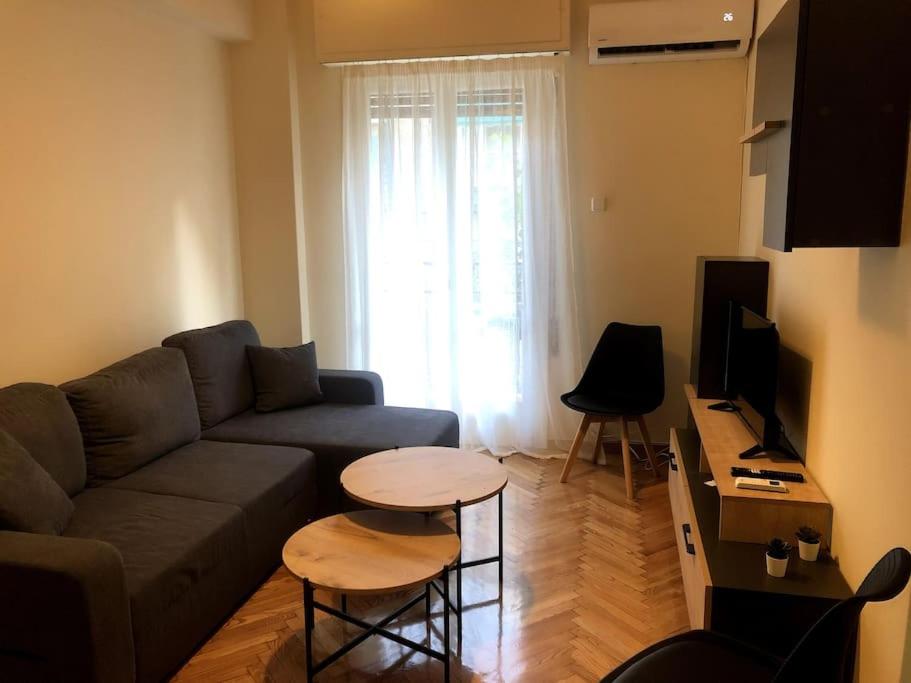 ein Wohnzimmer mit einem Sofa und einem Tisch in der Unterkunft athens oasis in Athen