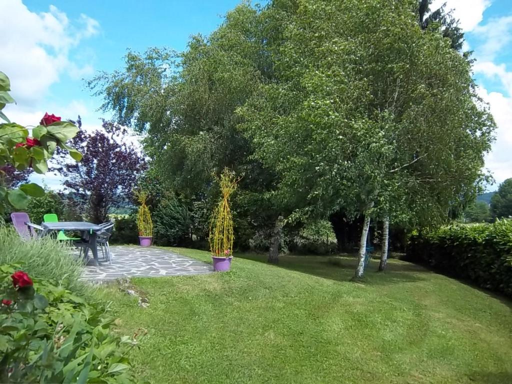 a garden with a picnic table and a tree at Gîte Sansac-Veinazès, 3 pièces, 4 personnes - FR-1-742-114 