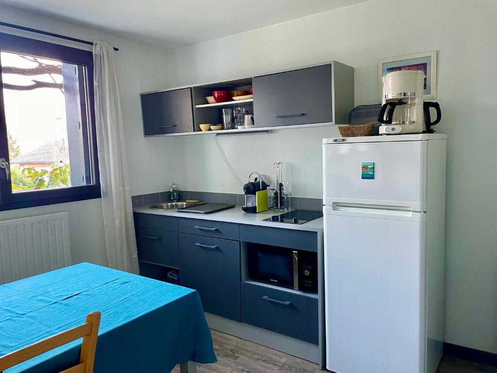 a kitchen with blue cabinets and a white refrigerator at Appartement indépendant 30 m² à 500m du lac, 2 vélos et parking fournis in Sévrier