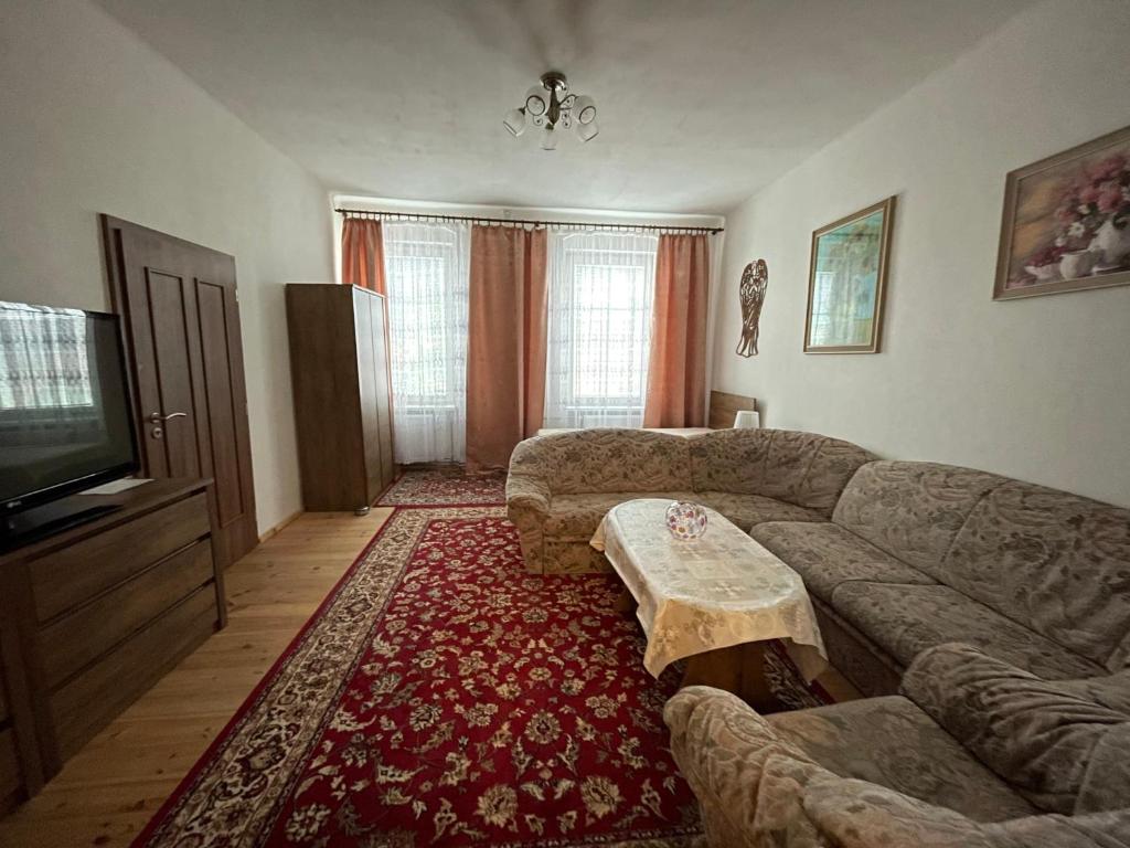 uma sala de estar com um sofá e uma televisão em Apartmány U sv. Anny em Kadaň
