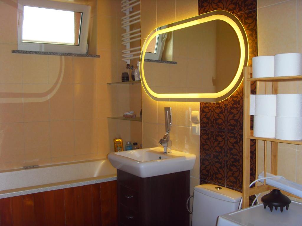 a bathroom with a sink and a mirror at Apartament na kurzej stopce in Malbork