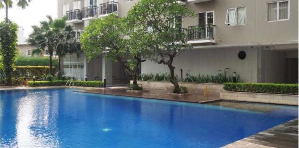 a large blue swimming pool in front of a building at Puri Park View in Jakarta