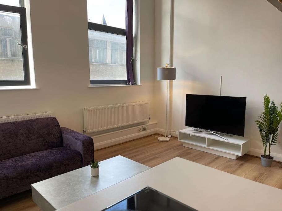 ein Wohnzimmer mit einem Sofa und einem Flachbild-TV in der Unterkunft City Centre 2 Bed Duplex Flat in Nottingham