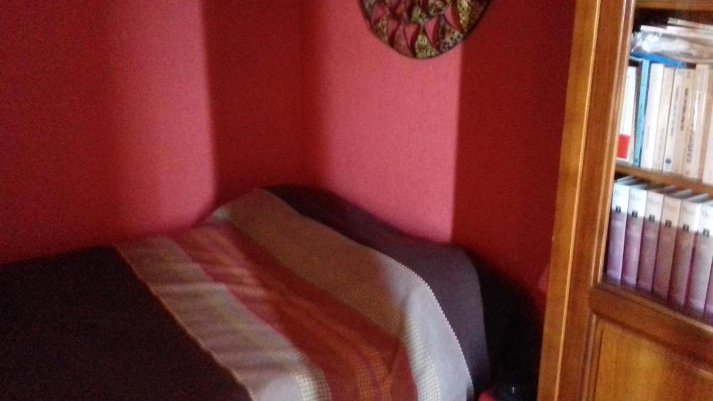 Dormitorio pequeño con cama y estante de libros en FLEURI, en Anglet