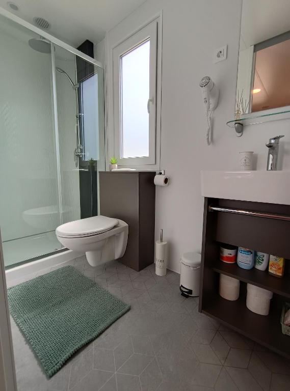un bagno con wc, lavandino e doccia di Mobile Home Drage a Drage