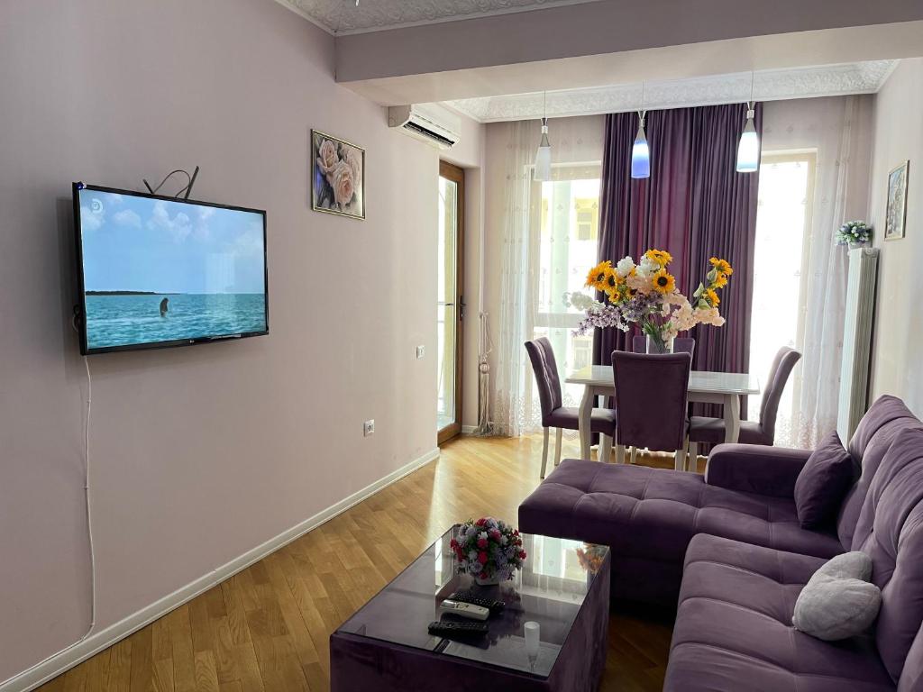 a living room with a couch and a tv on a wall at Studio Apartment in Baku