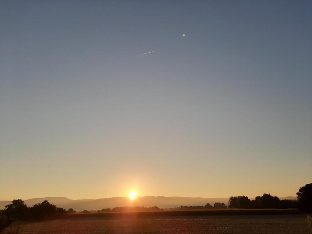 een zonsondergang boven een veld met de zon in de lucht bij Ferienwohnung Morgensonne in Appenweier