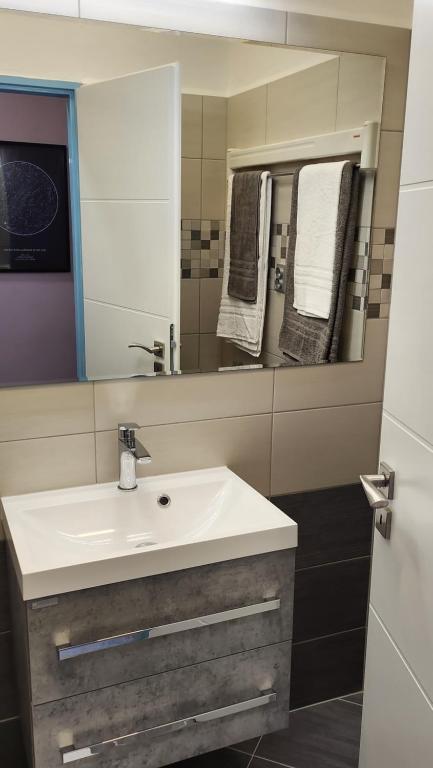 y baño con lavabo y espejo. en Suk apartmán 24, en Suchdol nad Lužnicí