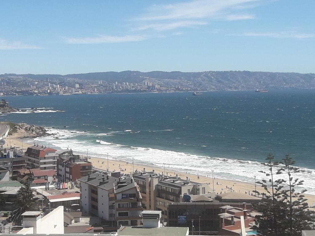 uma vista para a praia e para o oceano com edifícios em Cómodo depto. con vista a la bahía de Valparaíso em Viña del Mar