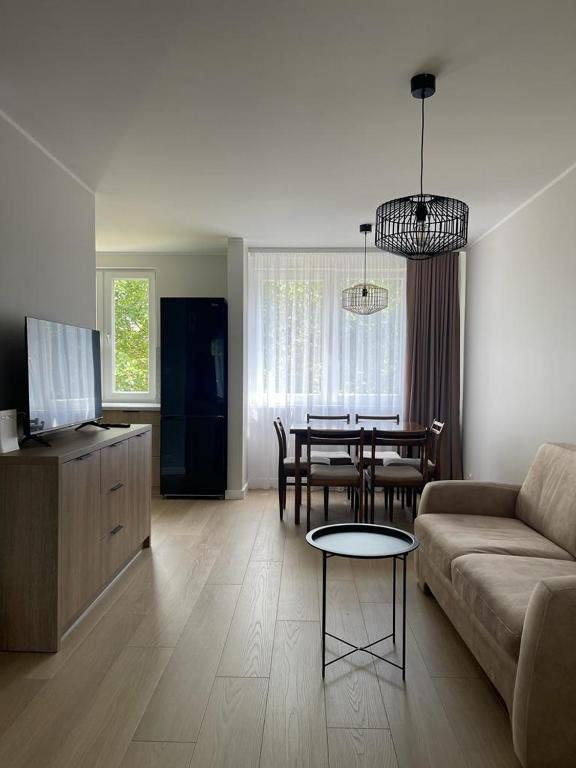 a living room with a couch and a table at Apartament Kasztanowa in Augustów