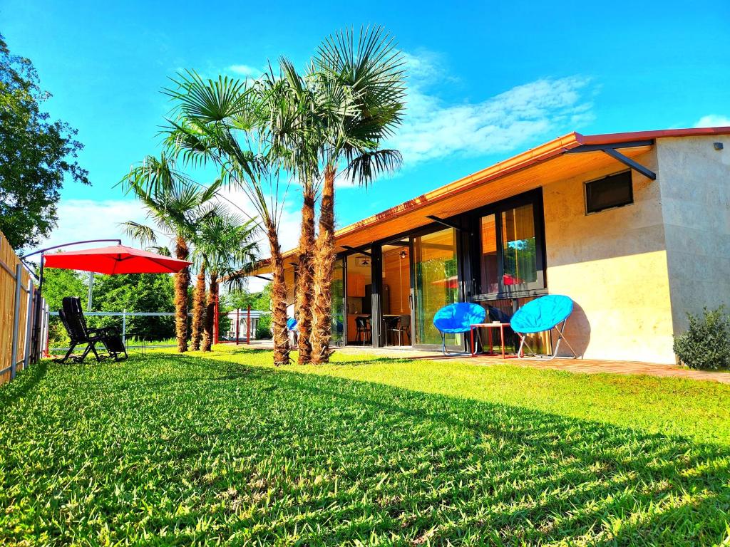 a house with palm trees in front of it at House&Yard Hellen 150m to beach in Ureki