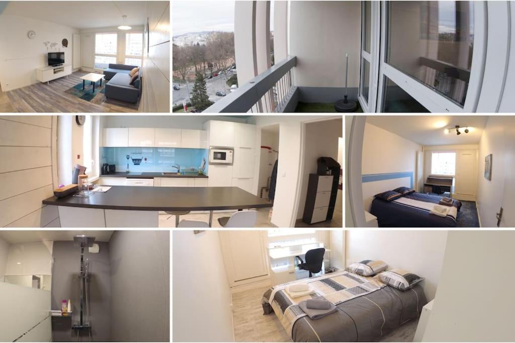 un collage di foto di un soggiorno e di una camera da letto di bnbgônes LE SKY BLUE - BALCONS - METRO FLACHET - WIFI a Villeurbanne