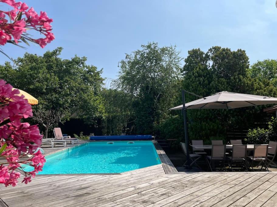 une piscine avec des chaises et un parasol dans l'établissement Maison centre ville à Bergerac, à Bergerac