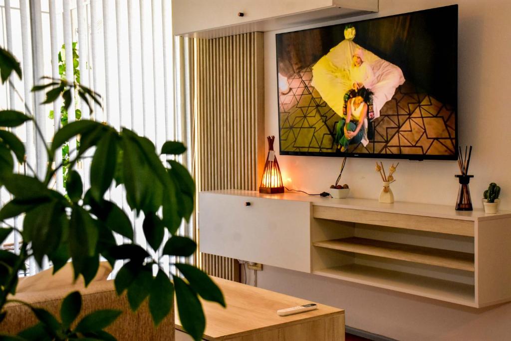 uma sala de estar com uma televisão na parede em Departamento en peatonal Mendoza em Mendoza