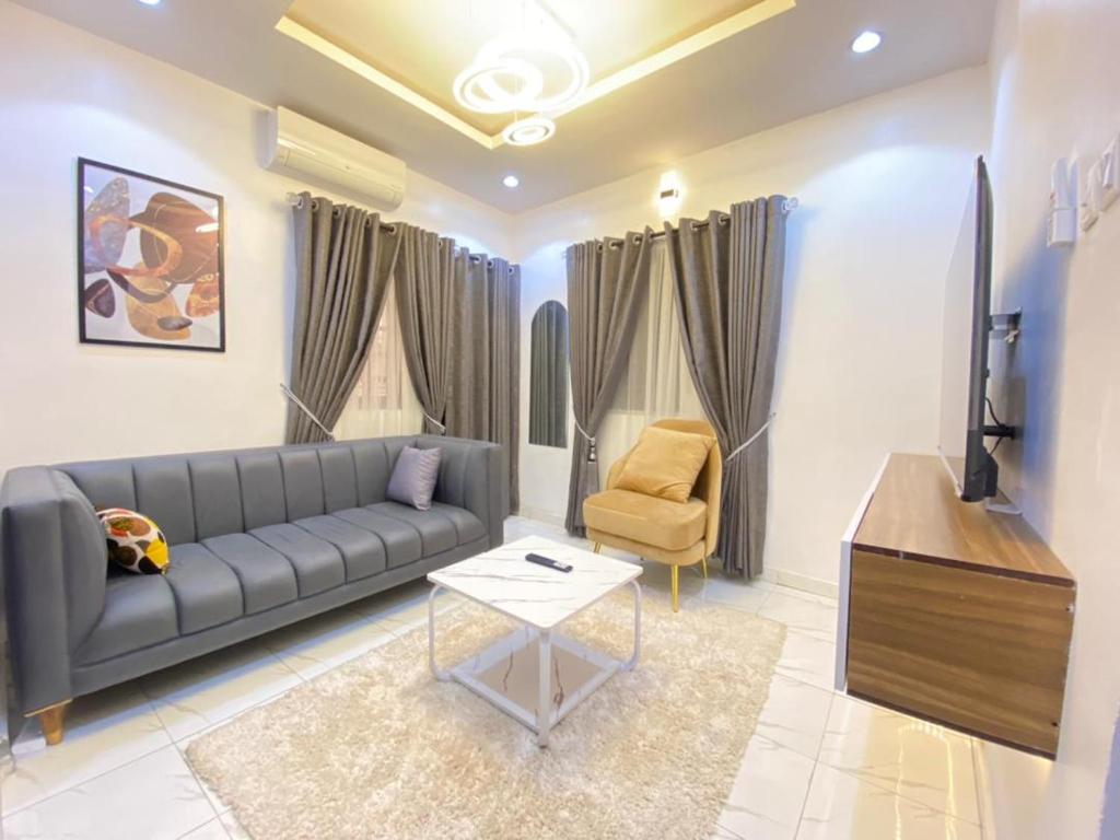 a living room with a couch and a chair at Dlulus Ventures Mini Flat apartment sabo in Lagos