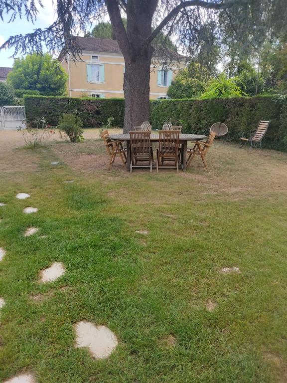 einen Picknicktisch und Stühle unter einem Baum im Hof in der Unterkunft gite du centre ville in Neuvic