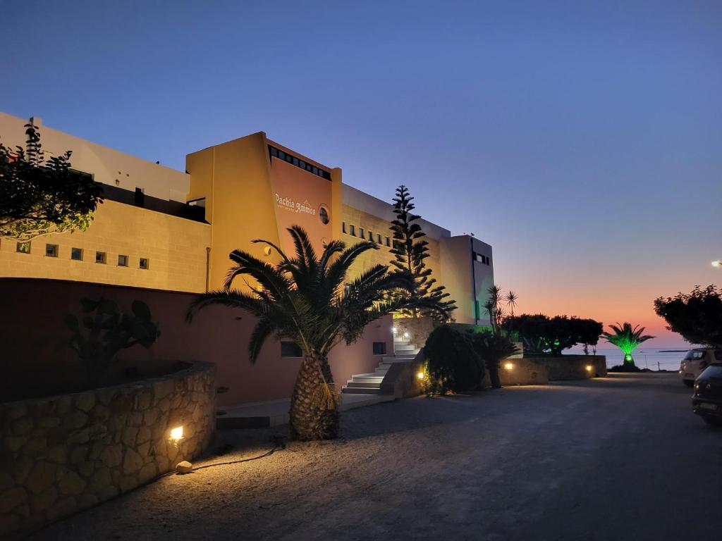 a building with a palm tree in front of it at Pachia Ammos Falasarna in Falasarna