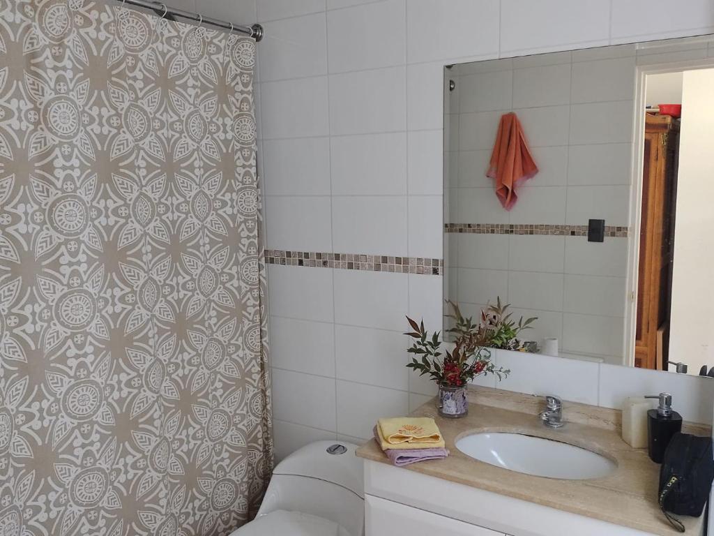 een badkamer met een wastafel en een spiegel bij Hermosa Casa en Lago Rapel in Las Cabras