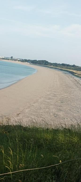 - une plage avec de l'herbe et de l'eau dans l'établissement Appartement vue mer exceptionnelle à 100m très belle plage, à Saint-Gildas-de-Rhuys