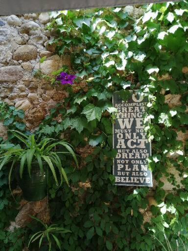 um sinal no lado de uma parede com plantas em Maison d'Art' lette em Saint-Féliu-dʼAvall