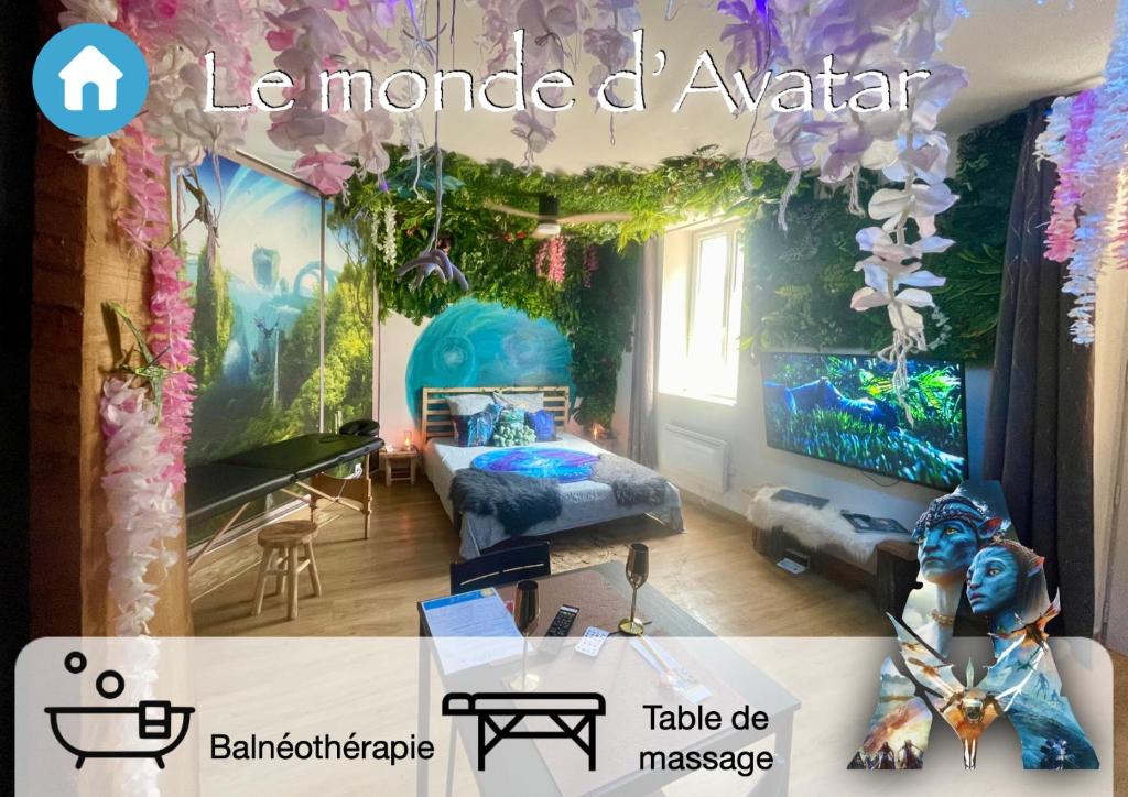 Le monde D avatar avec Balneo et table de massage في لابريسل: غرفة مزينة بالكامل مع غرفة مع سرير وزهور