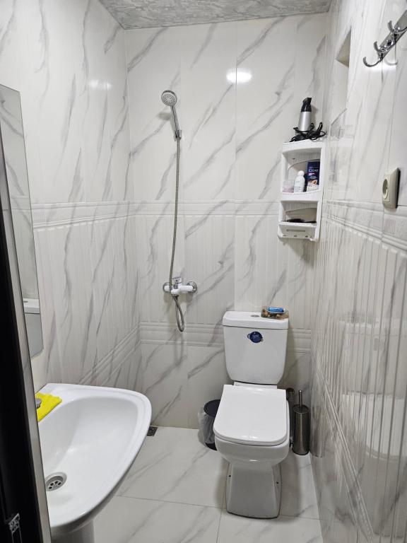 Baño blanco con aseo y lavamanos en Galstyans Home EVN Airport en Ereván
