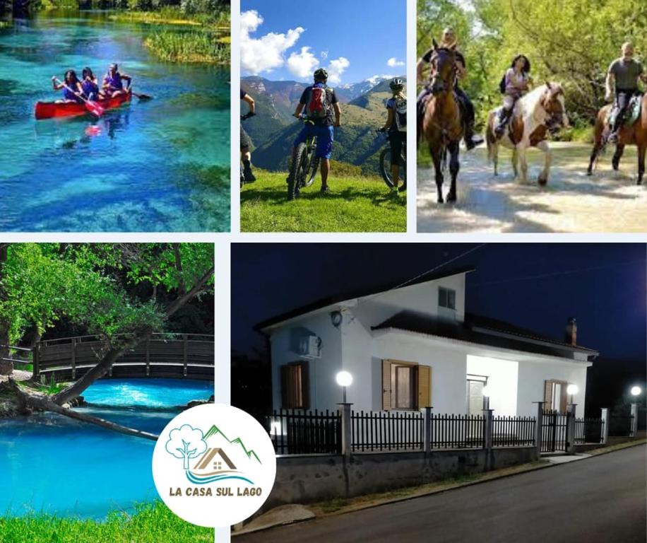 un collage de fotos de gente montando caballos en un río en la casa sul lago en Scafa