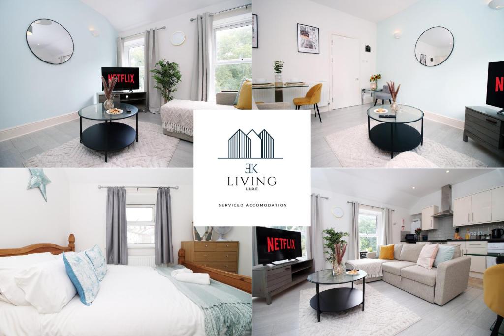 uma colagem de fotos de um quarto e uma sala de estar em Cosy Apartment In The Heart Of Uplands - Swansea - Prime Location - By EKLIVING LUXE em Swansea