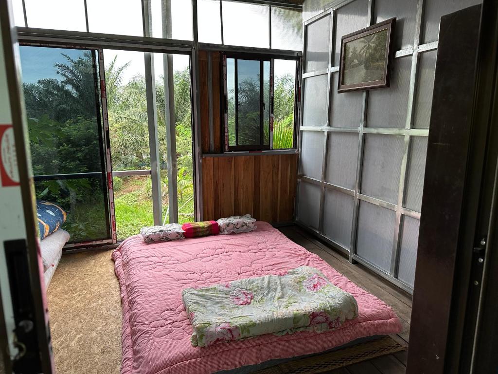 - une chambre avec un lit rose dans une pièce dotée de fenêtres dans l'établissement ผาน้ำย้อยอะไหล่เบนซ์ Homestay, à Ban Kut Khae Don