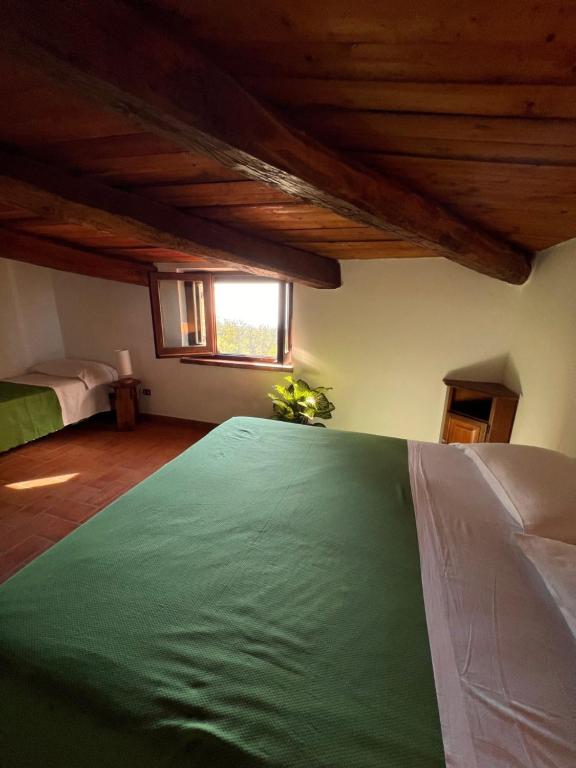 Un dormitorio con una cama verde y una ventana en Agriturismo Difesa del Monte en Grisolia