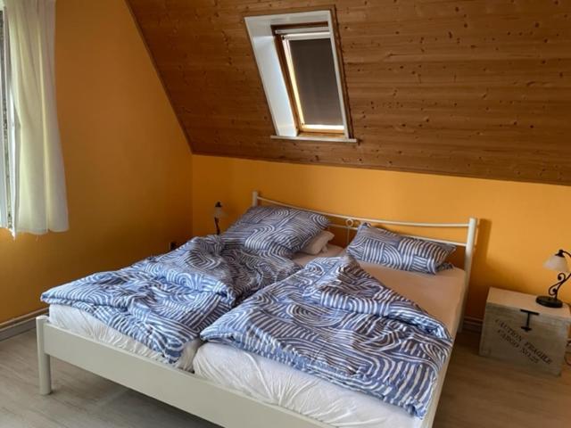 2 Betten in einem Schlafzimmer mit Dach in der Unterkunft Wattnest - Ferienwohnung direkt in erster Meereslinie am Deich in Friedrichskoog