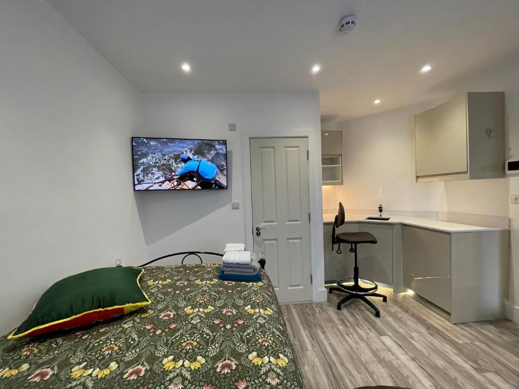 a living room with a bed and a kitchen at Luxury Rooms with En-suite bathrooms - West London in Harrow on the Hill
