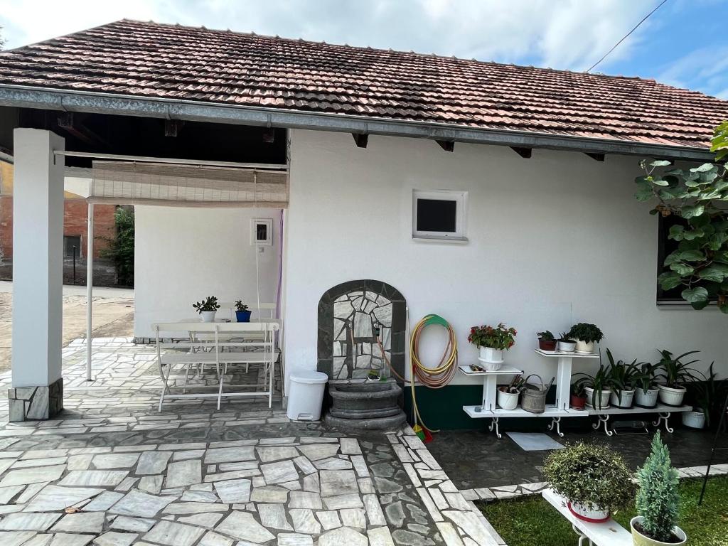a white house with a patio with potted plants at Smeštaj Pejčić in Kovanluk