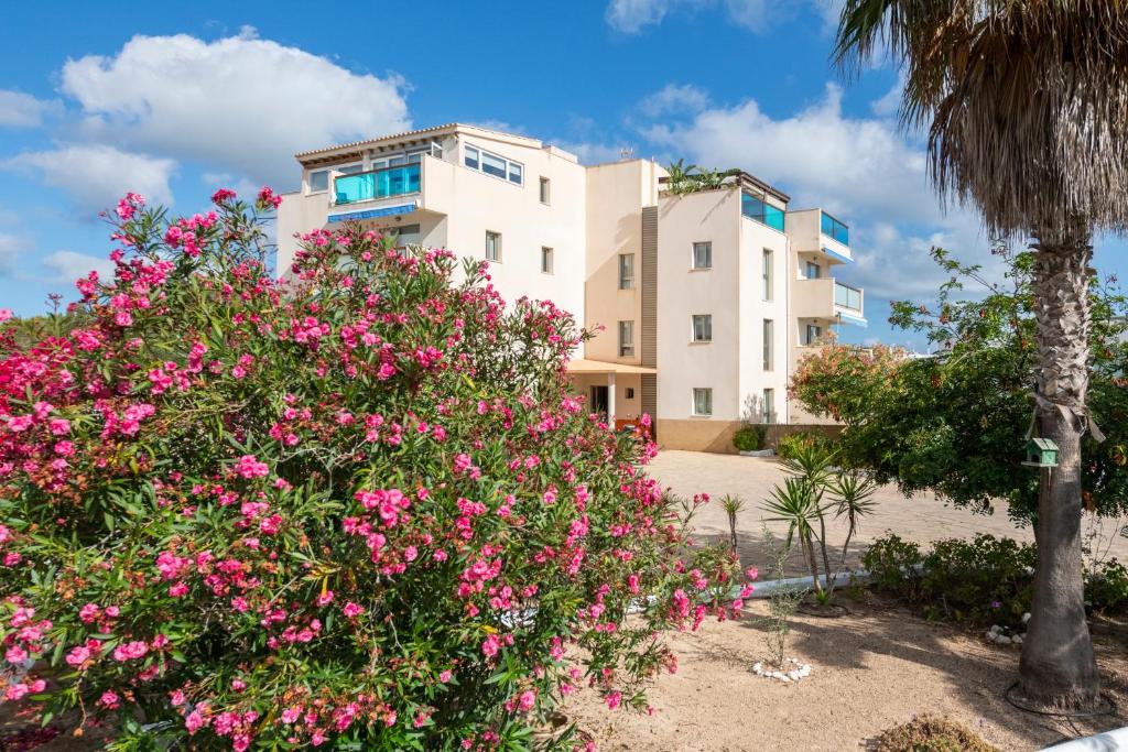 un edificio con flores rosas delante de él en Apartamentos Catalina en Es Pujols