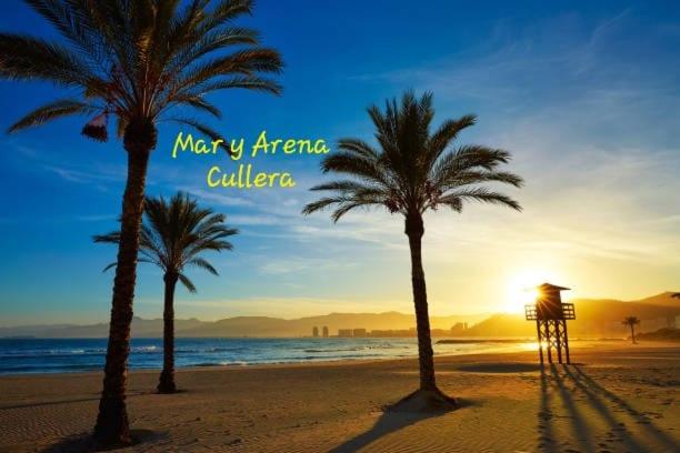 two palm trees on a beach with the sunset at Apartamento Mar y Arena in Cullera