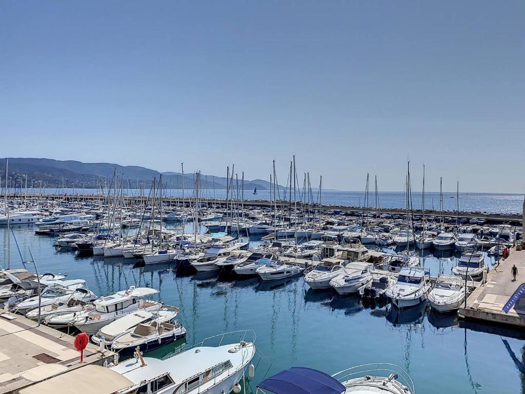 Un tas de bateaux sont amarrés dans un port de plaisance dans l'établissement Charmant T2 à La Favière avec piscine et parking privé, proche plages et commerces - FR-1-610-13, à Bormes-les-Mimosas