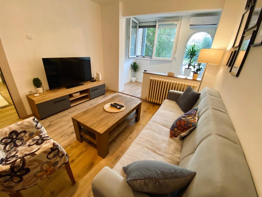 ein Wohnzimmer mit einem Sofa und einem TV in der Unterkunft Apartman ANN II in Pančevo
