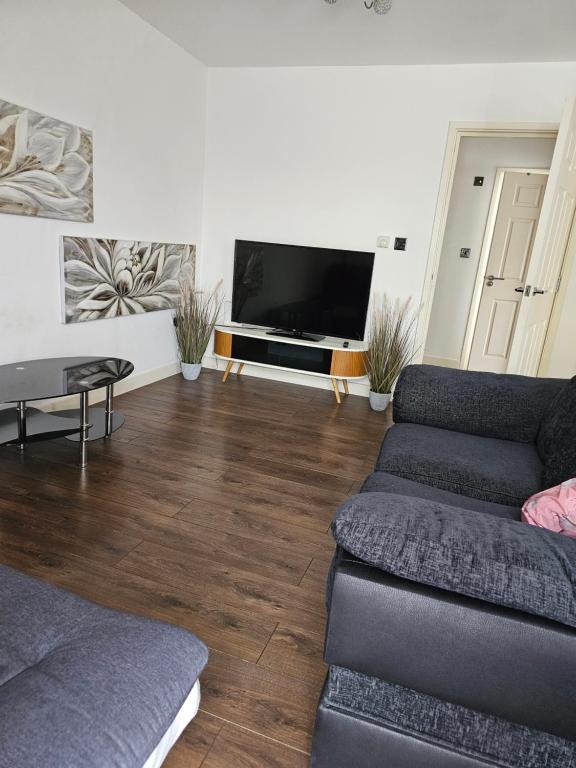 a living room with a couch and a flat screen tv at Chi's apartment in Barking