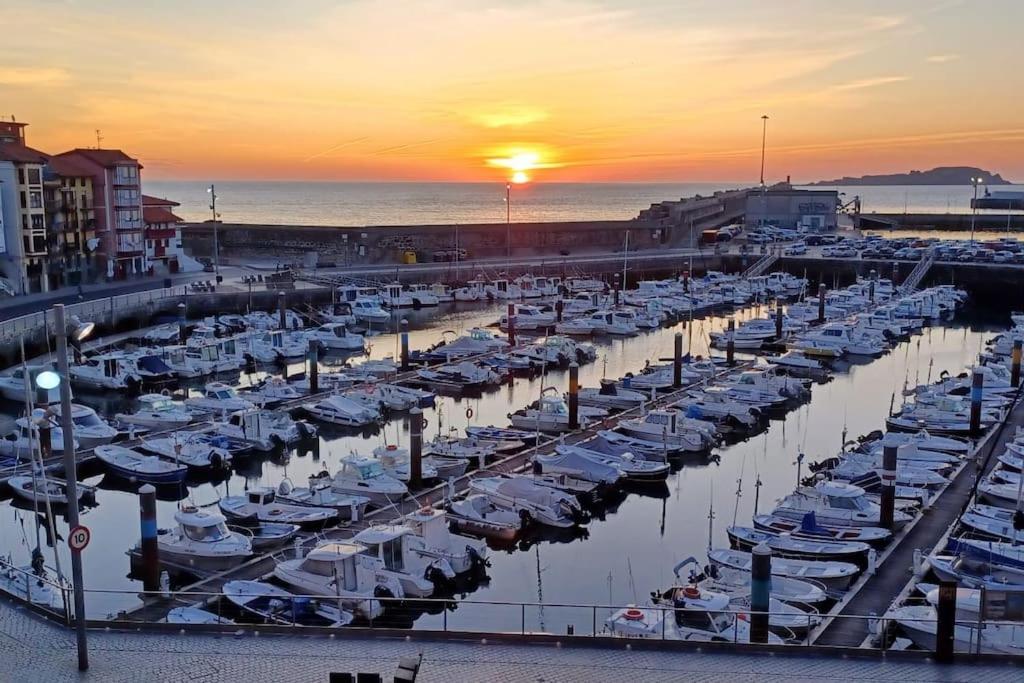 un grupo de barcos atracados en un puerto deportivo al atardecer en Kofradía By Kabia Gestión, en Bermeo